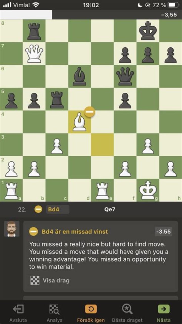 What does a missed win mean on chess com?