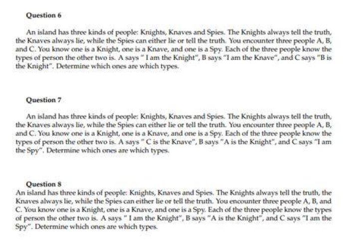 Who are the three people in Knights and knaves?